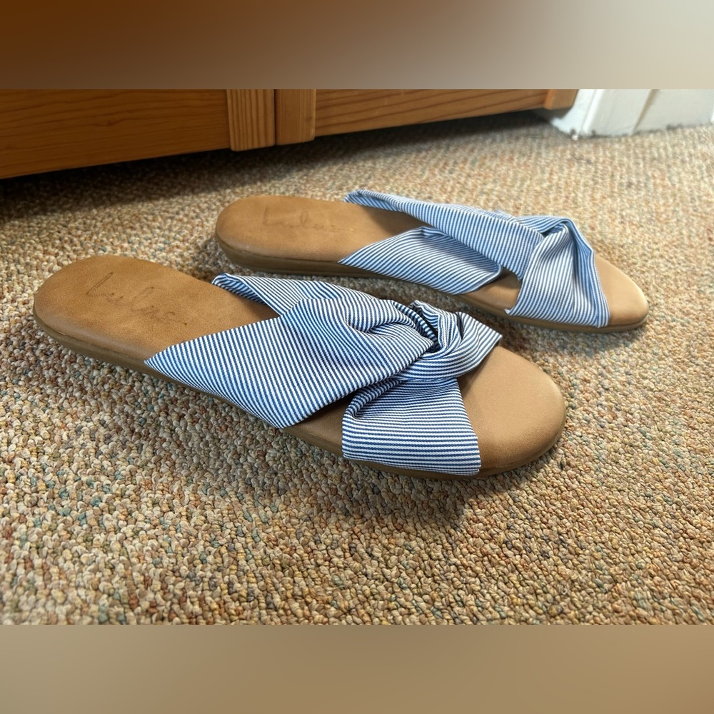 Lulus - blue and white striped slide sandals, worn once